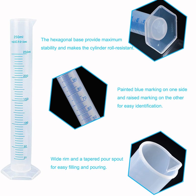 GRRONZEE 6Pack Plastic Graduated Cylinder 250 ml Transparent Measuring Cylinder Set, Science Measuring Test Tube Flask, Graduated Cylinder Beaker with 2-Sided Marking & Pour Spout for Home and School Science - Image 3